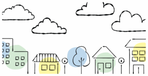 doodle of a neighborhood with houses, trees, and clouds