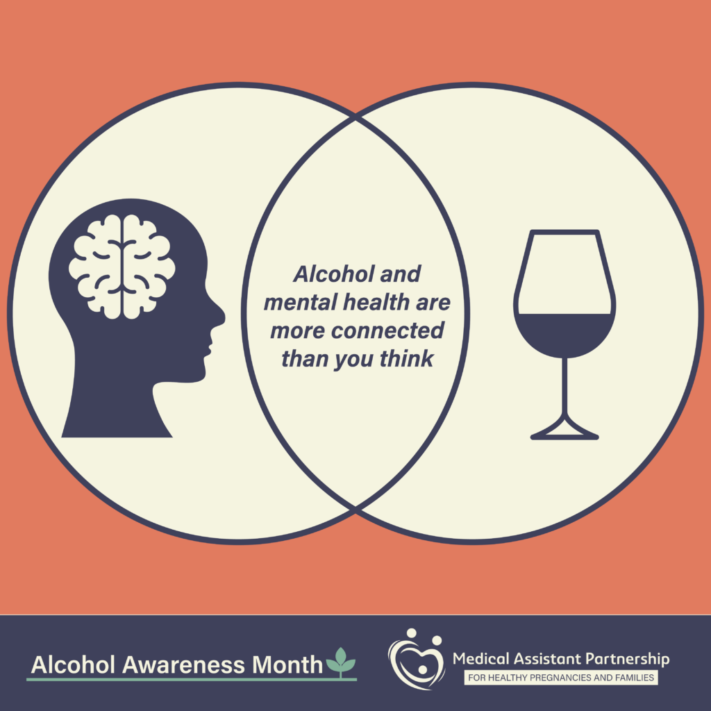 Venn Diagram with text that reads "Alcohol and mental health are more connected than you think. Icon of a person on the left and wine glass on the right. Alcohol awareness month logo and FASD MAP logo.