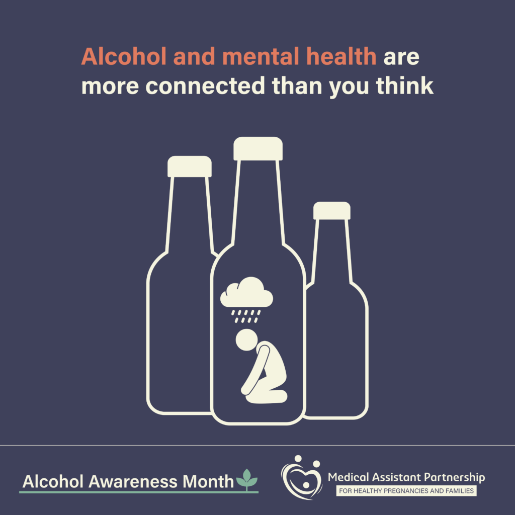 Sad person trapped in a bottle with text that reads Alcohol and mental health are more connected than you think. With the Alcohol awareness month lgo and FASD MAP logo.