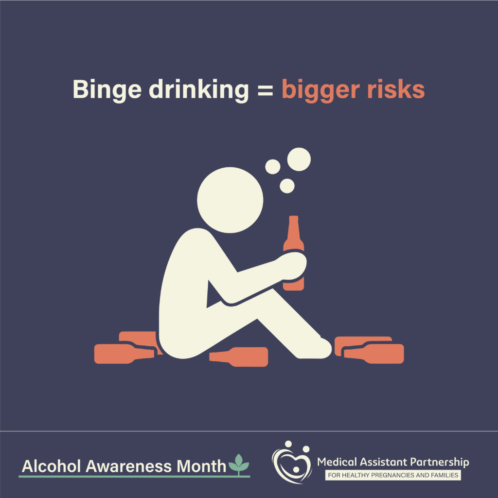 Icon of drink person holding bottle with other bottle littered around. Text reads "Binge drinking = bigger risks." Alcohol awareness month logo and FASD MAP logo.
