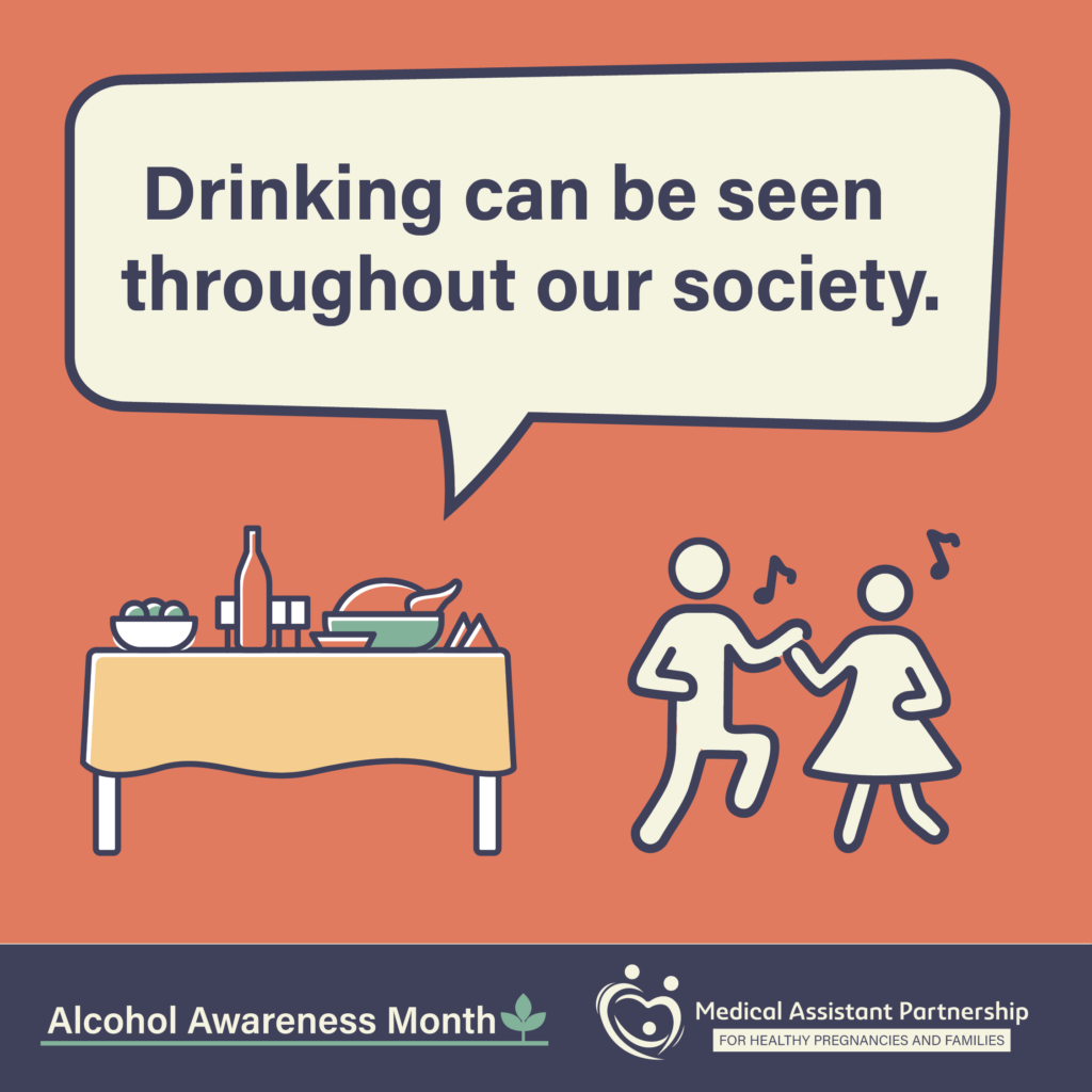 Icons of dancing people and a party table set on a red background with text that reads "Drinking can be seen throughout our society" with the FASD logo and Alcohol awareness month logo.
