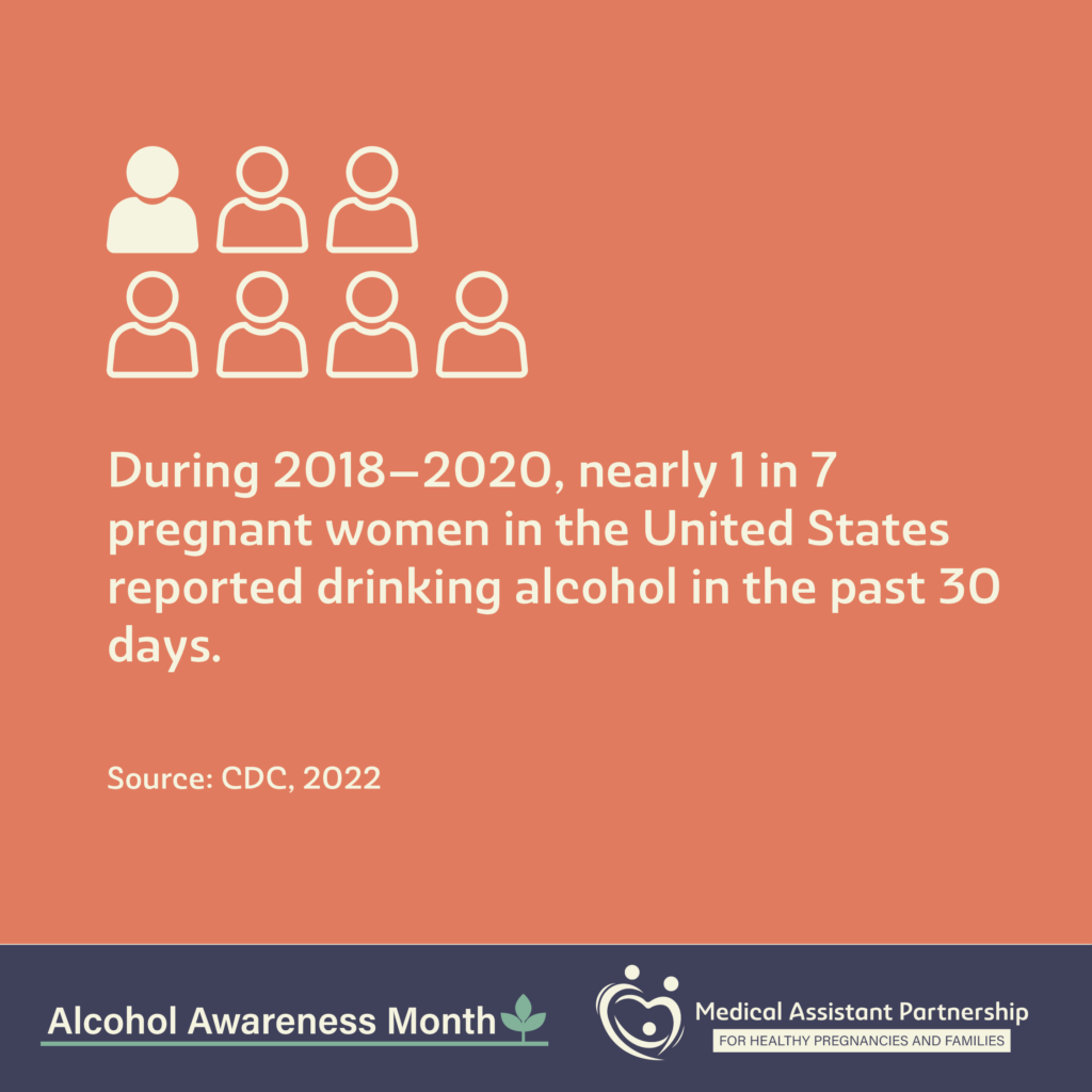 White text on a red background reads "During 2018-2020, nearly 1 in 7 pregnant women in the United States reported drinking alcohol in the past 30 days. Source CDC, 2025" with the FASD logo and Alcohol awareness month logo.