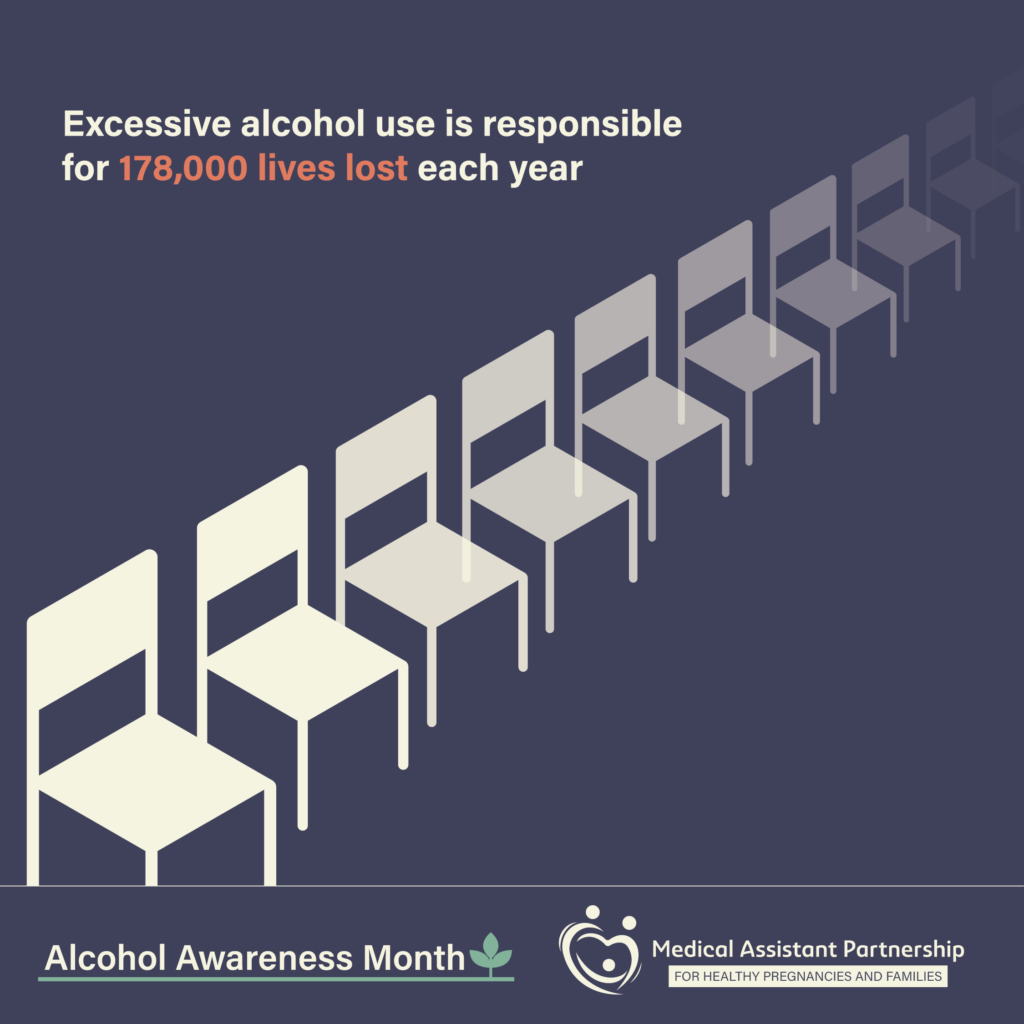 Many chairs fade into the background with text that reads "Alcohol is responsible for 178,00 lives lost each year" with the FASD logo and Alcohol awareness month logo.
