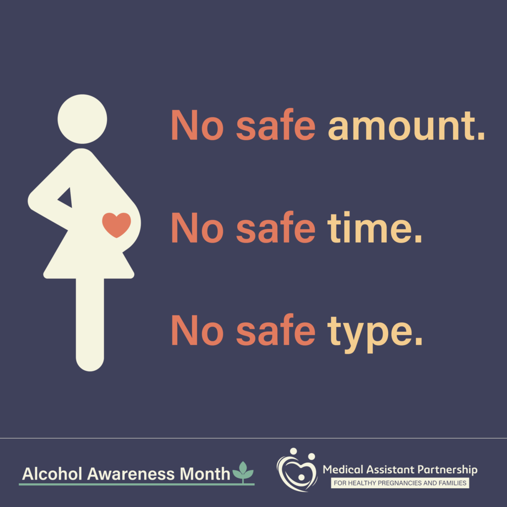 Icon of very pregnant person with a heart by the belly with text that reads "No safe amount. No safe time. No safe type." With the Alcohol awareness month logo and FASD MAP logo.